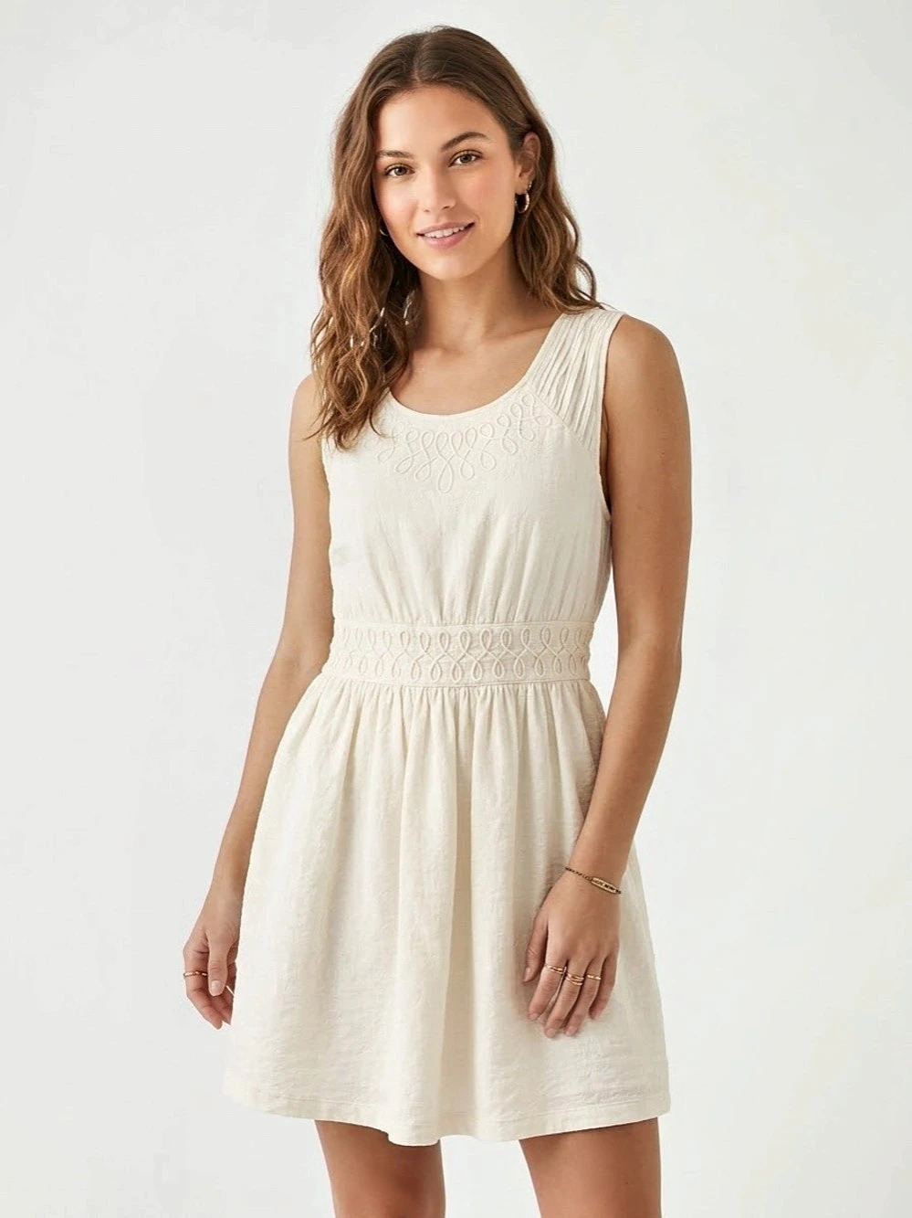 Lucky Brand Ivory Embroidered Fit & Flare Sleeveless Dress Size Small